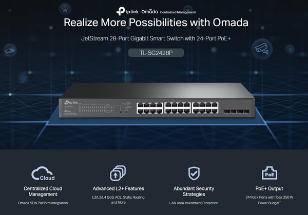 🔌 Switch Gigabit 24 Ports PoE+ 250W & 4 SFP TP-Link JetStream TL-SG2428P 🚀 TP-LINK